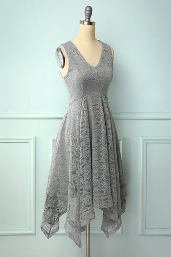Asymmetrical Grey V-neck Lace Dress
