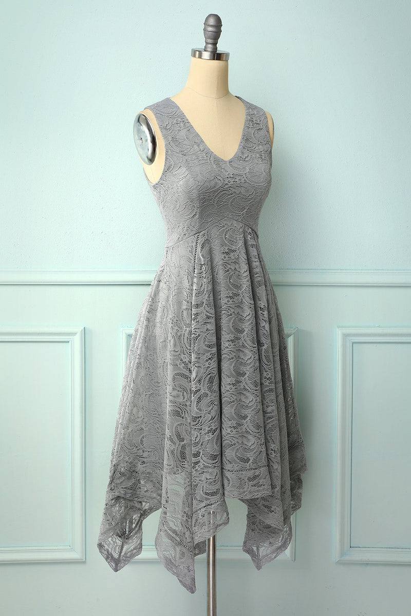 Load image into Gallery viewer, Asymmetrical Grey V-neck Lace Dress
