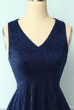 Asymmetrical Navy V Neck Lace Dress