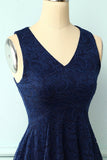 Asymmetrical Navy V Neck Lace Dress