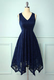 Asymmetrical Navy V Neck Lace Dress