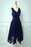 Asymmetrical Navy V Neck Lace Dress