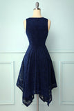 Asymmetrical Navy V Neck Lace Dress