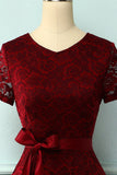 Burgundy Short Sleeves Lace Dress