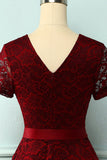 Burgundy Short Sleeves Lace Dress