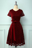 Burgundy Short Sleeves Lace Dress