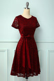 Burgundy Short Sleeves Lace Dress