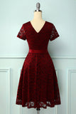 Burgundy Short Sleeves Lace Dress