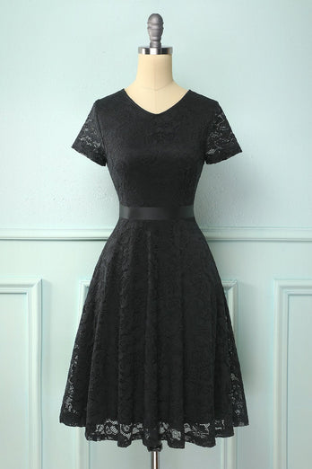 Black Short Sleeves Lace Dress