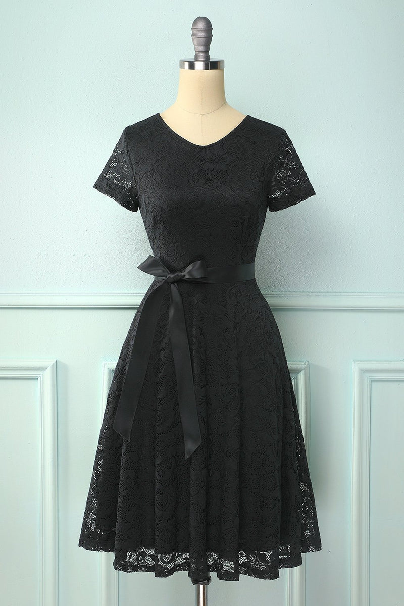 Load image into Gallery viewer, Black Short Sleeves Lace Dress