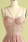 Pink Split Front Spaghetti Straps Prom Dress