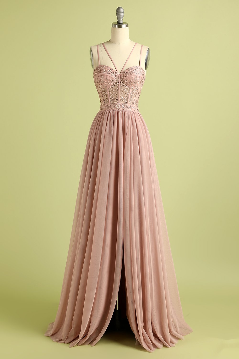 Pink Split Front Spaghetti Straps Prom Dress