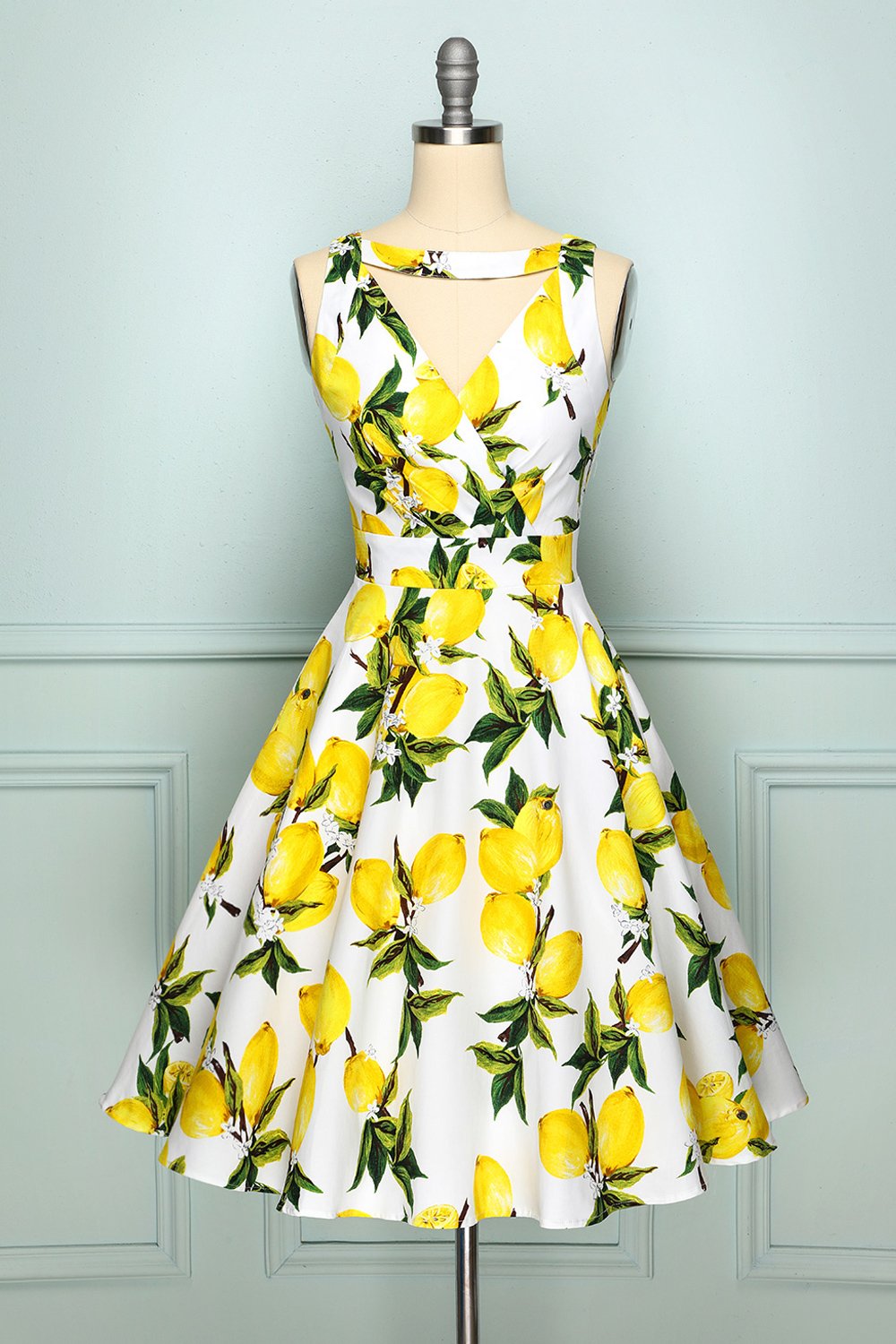 Zapaka Women 1950s Lemon Print Vintage Pinup Cocktail Party Swing Rockabilly Dress with V Neck Cut Zapaka CA