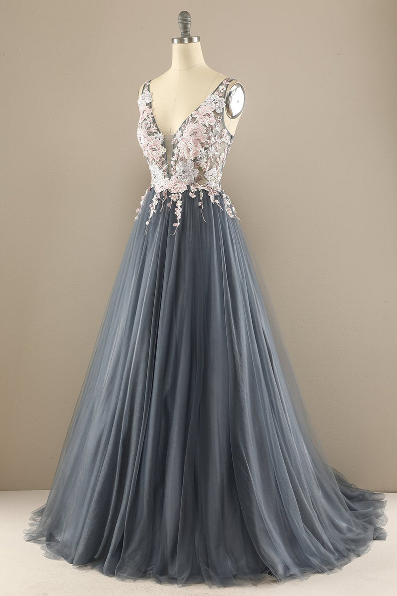 Load image into Gallery viewer, Gorgeous Deep V Neck Grey/Pink Prom Dress with Appliques