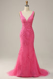 Mermaid Deep V Neck Hot Pink Long Prom Dress with Open Back