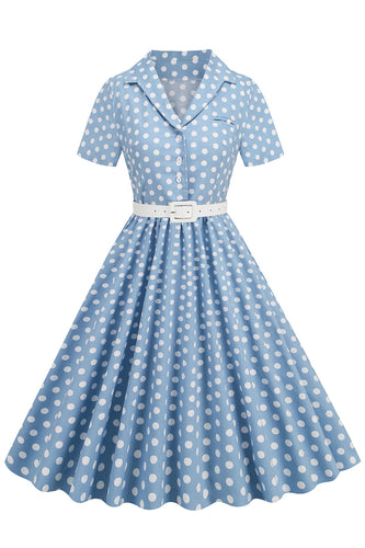 Hepburn Style V Neck Blue Polka Dots 1950s Dress