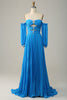 Load image into Gallery viewer, A Line Off the Shoulder Blue Long Prom Dress With Beading