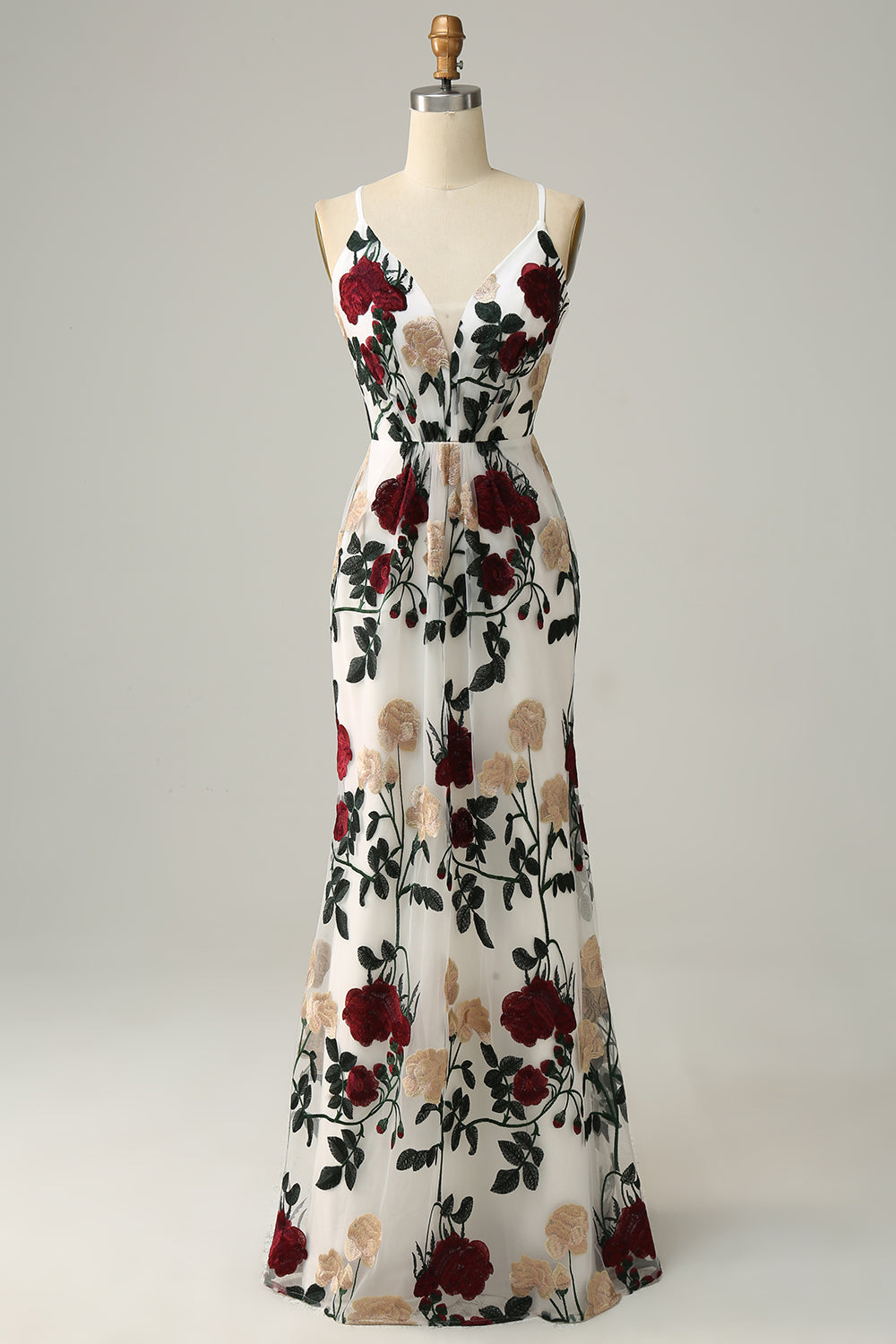 Mermaid Spaghetti Straps Flower Printed Long Prom Dress