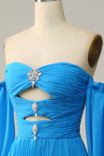 A Line Off the Shoulder Blue Long Prom Dress With Beading