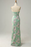 Sheath Spaghetti Straps Light Green Floral Printed Bridesmaid Dress with Split Front