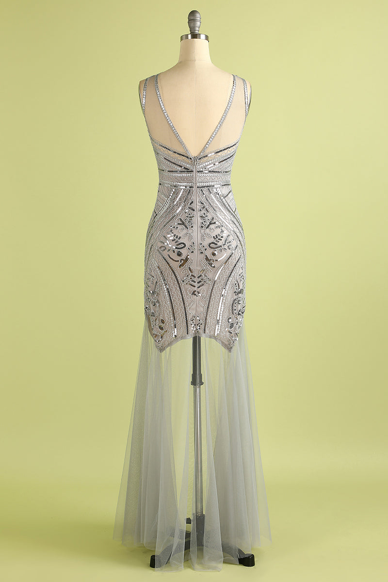 Load image into Gallery viewer, Grey Sequin Long Tulle 1920s Dress