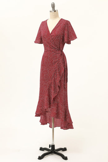 Summer Burgundy Print Wrap Casual Dress
