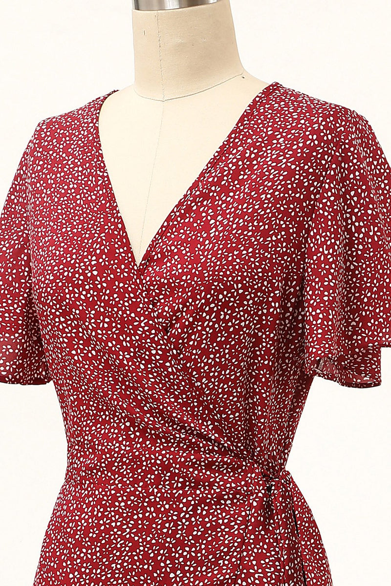 Load image into Gallery viewer, Summer Burgundy Print Wrap Casual Dress