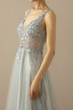 Long A Line Tulle Grey Blue Evening Dress