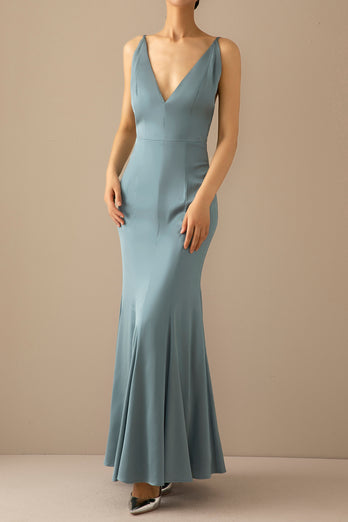 Mermaid Blue V Neck Long Prom Dress