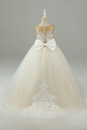 Champagne A Line Tulle Flower Girl Dress with Bow