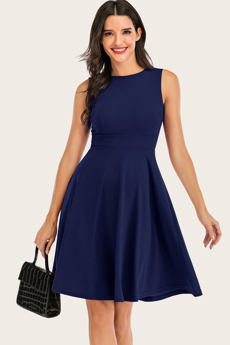 Load image into Gallery viewer, Navy Solid Sleeveless 1950s Swing Dress