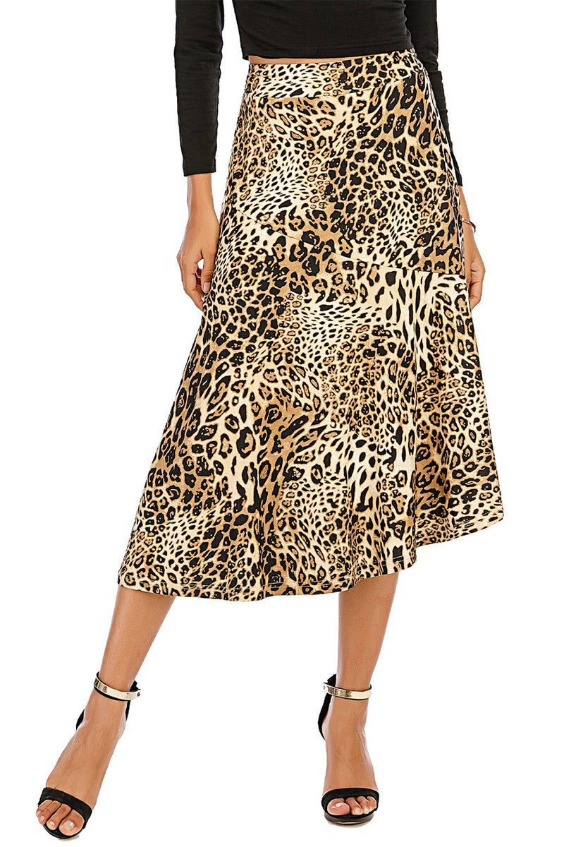 Load image into Gallery viewer, Brown Midi Asymmetrical Loepard Skirt