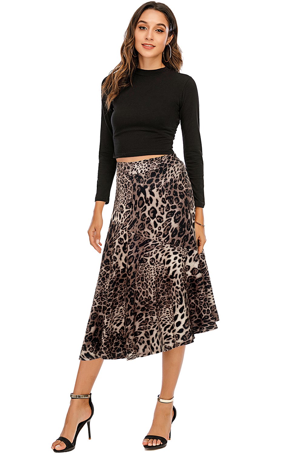 Brown Midi Asymmetrical Loepard Skirt
