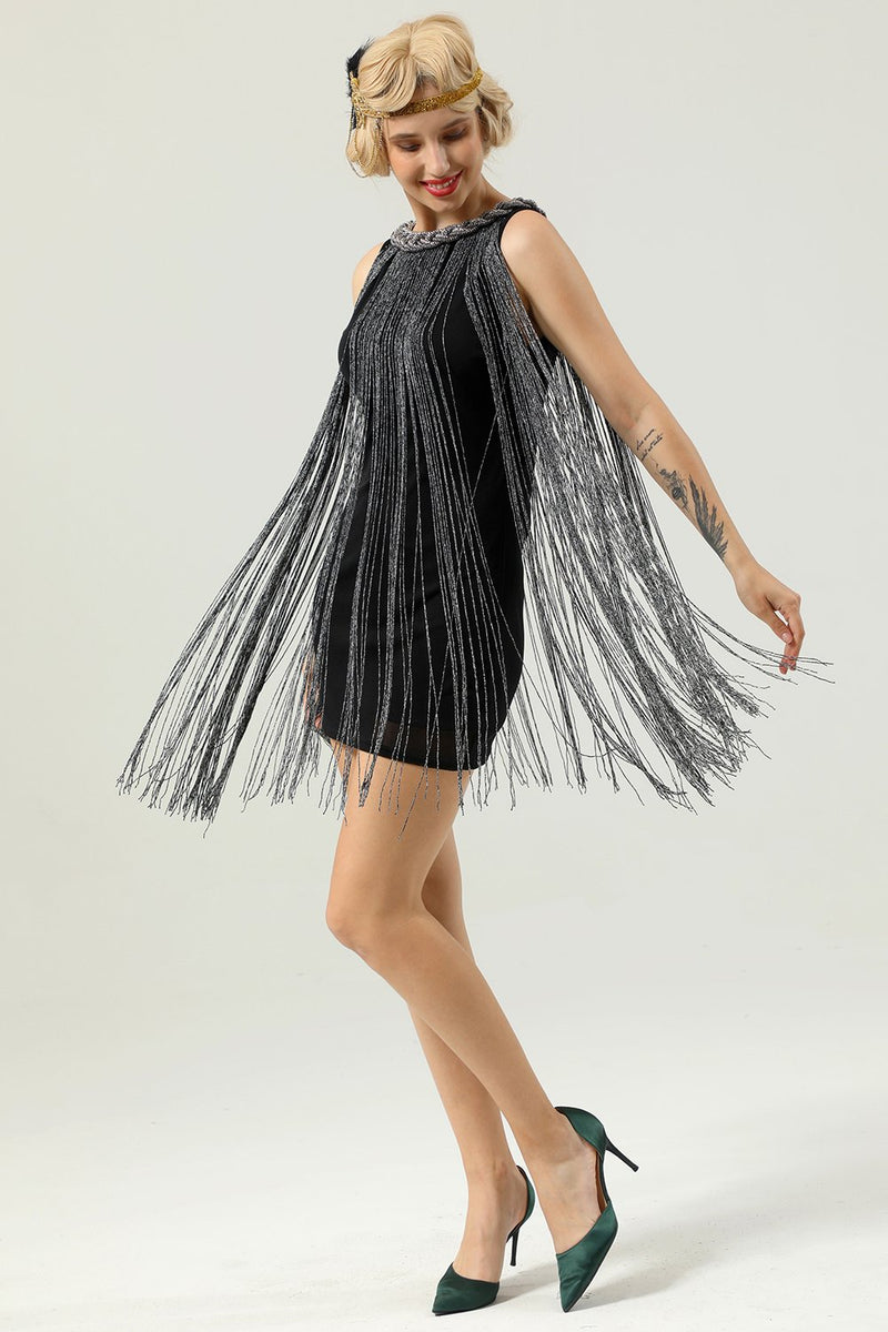 Load image into Gallery viewer, Round Neck Black Fringed 1920s Dress