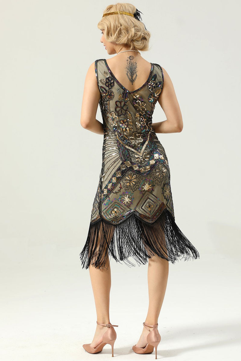 Load image into Gallery viewer, Golden Fringe 1920s Dress
