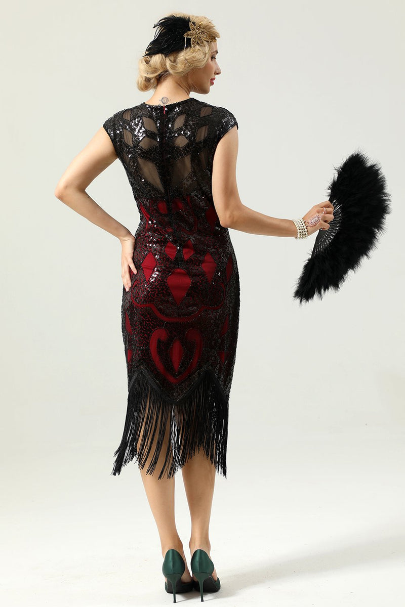 Load image into Gallery viewer, Black Sleeveless Sequin Fringe 1920 Dress