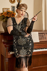 Plus Size Black Golden Beaded Sequins 1920s Dress