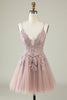 Load image into Gallery viewer, A Line Spaghetti Straps Blush Short Graduation Dress with Criss Cross Back