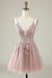 A Line Spaghetti Straps Light Purple Short Graduation Dress with Appliques