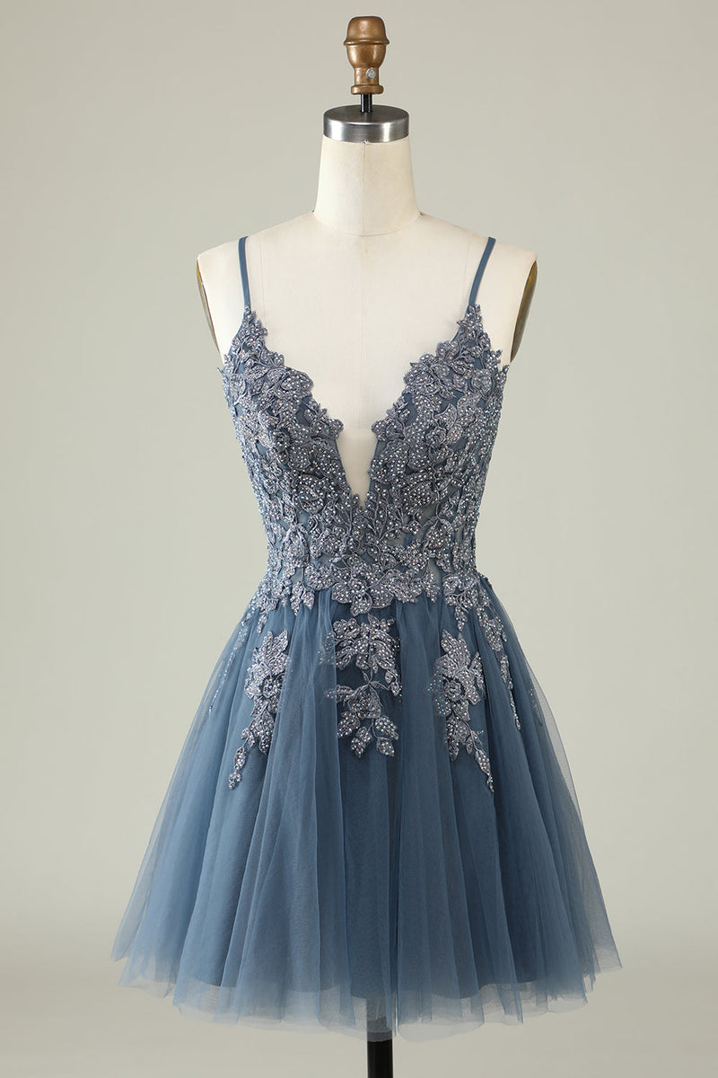 Load image into Gallery viewer, A Line Spaghetti Straps Grey Blue Short Graduation Dress with Appliques