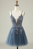 A Line Spaghetti Straps Grey Blue Short Graduation Dress with Appliques