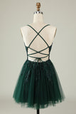 A Line Spaghetti Straps Dark Green Short Graduation Dress with Appliques