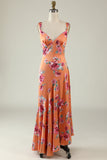 Orange Floral Asymmetrical Boho Bridesmaid Dress