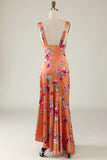 Orange Floral Asymmetrical Boho Bridesmaid Dress