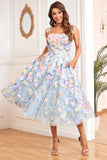 Purple A Line Tea Length Prom Dress with 3D Flowers