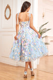 Purple A Line Tea Length Prom Dress with 3D Flowers