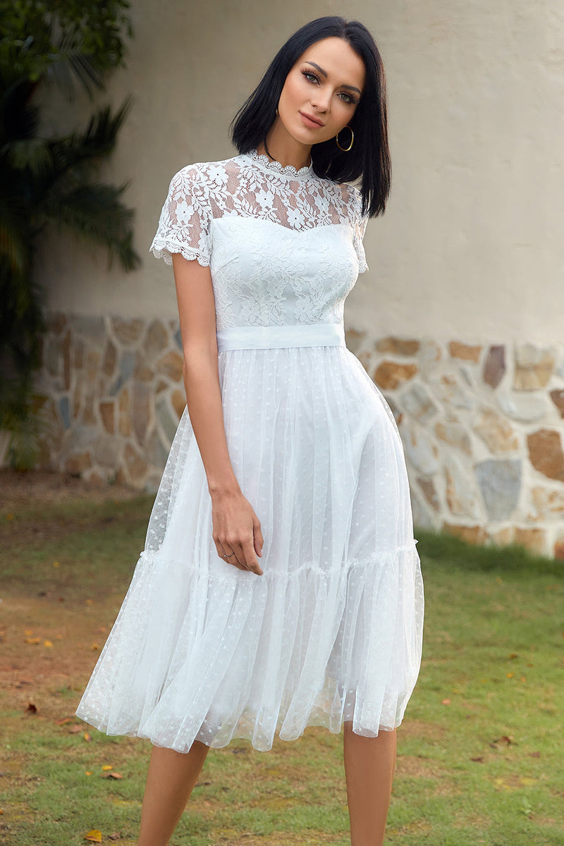 Blue Chiffon Wedding Guest Dress with Lace