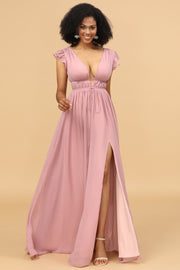 Blush V-Neck Long Chiffon Bridesmaid Dress