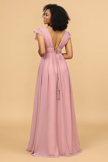 Blush V-Neck Long Chiffon Bridesmaid Dress