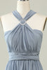 Load image into Gallery viewer, A Line One Shoulder V Neck Halter Neck Floor Length Grey Blue Bridesmaid Dress